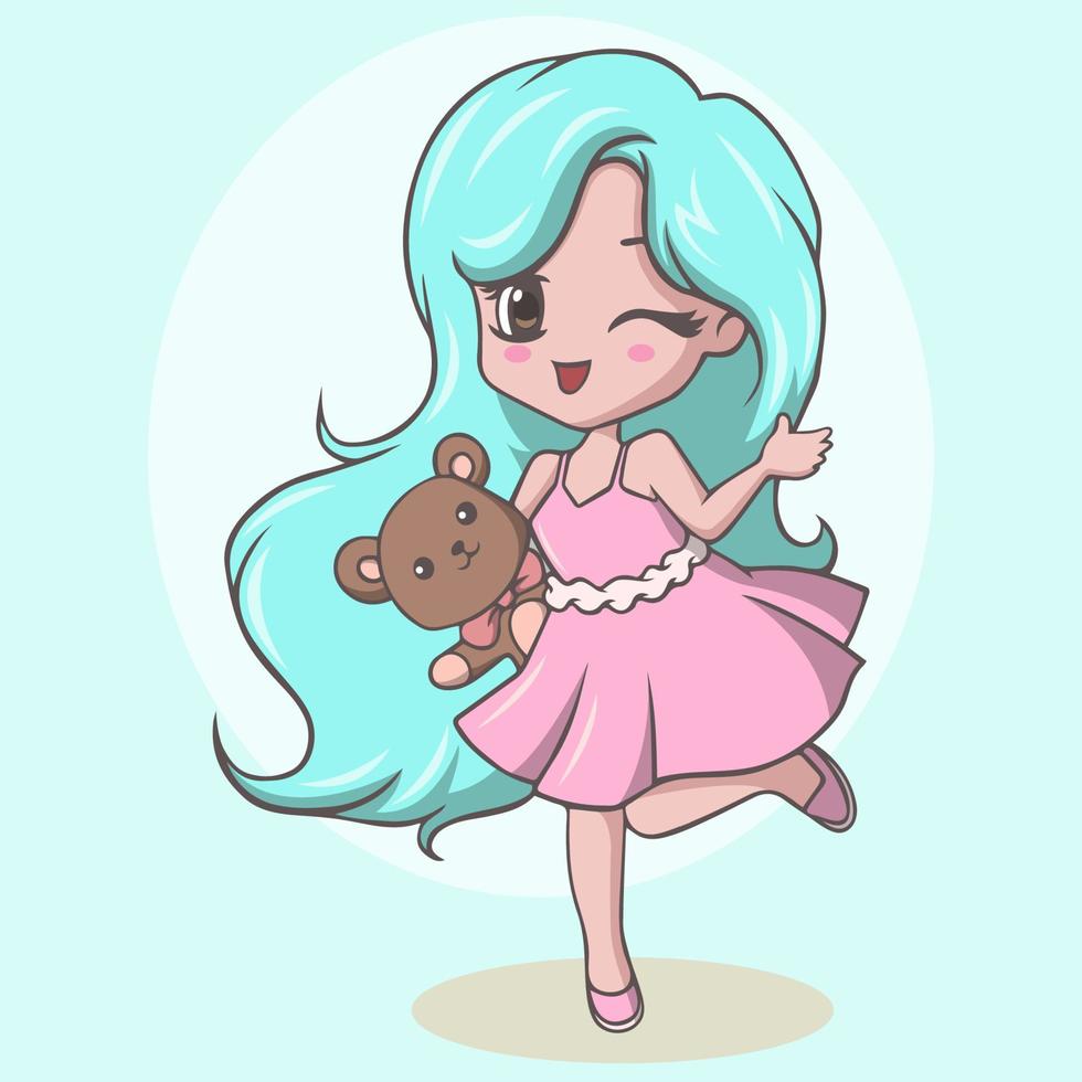 Cute little girl holding teddy bear and winking vector