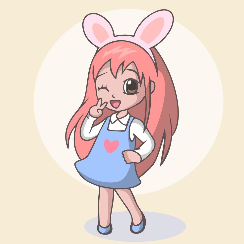 Cartoon cute girl wearing bunny ears with peace sign hand vector