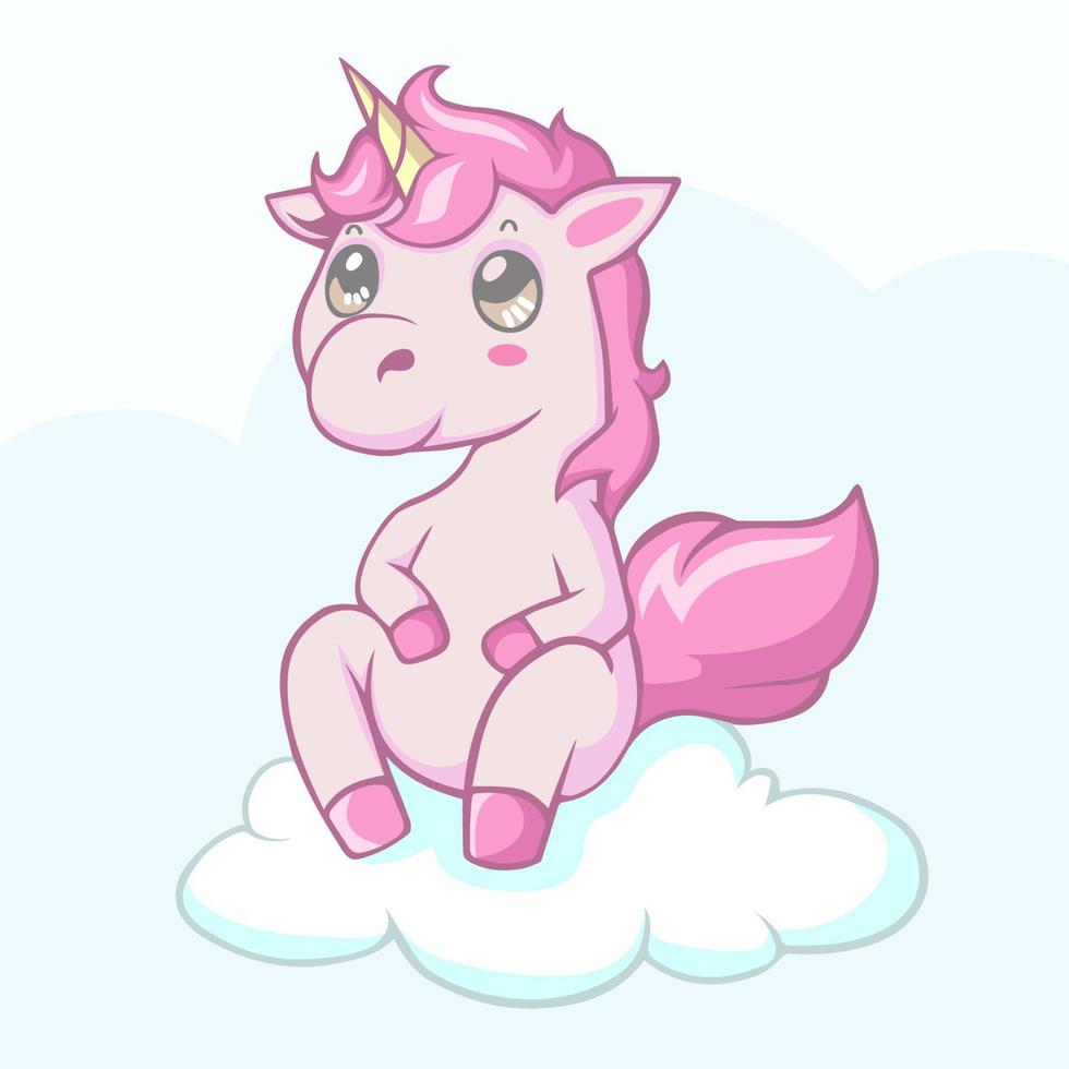 Cute kawaii unicorn pony cartoon sitting on clouds vector