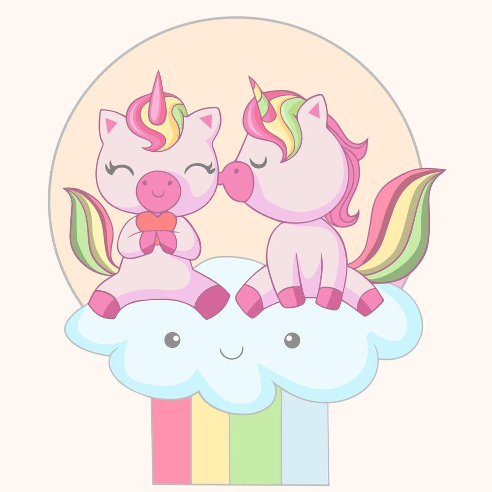 pareja romántica de unicornios sentados en las nubes vector