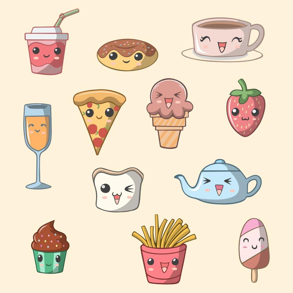 conjunto de lindos alimentos y bebidas para el desayuno kawaii vector