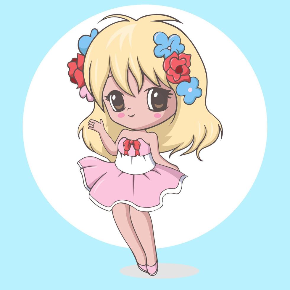 linda niña kawaii saludando vector