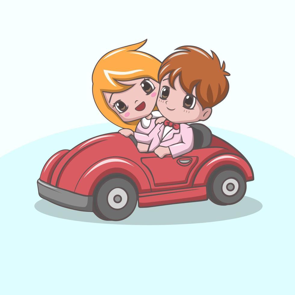 Cute happy wedding couples riding red car vector