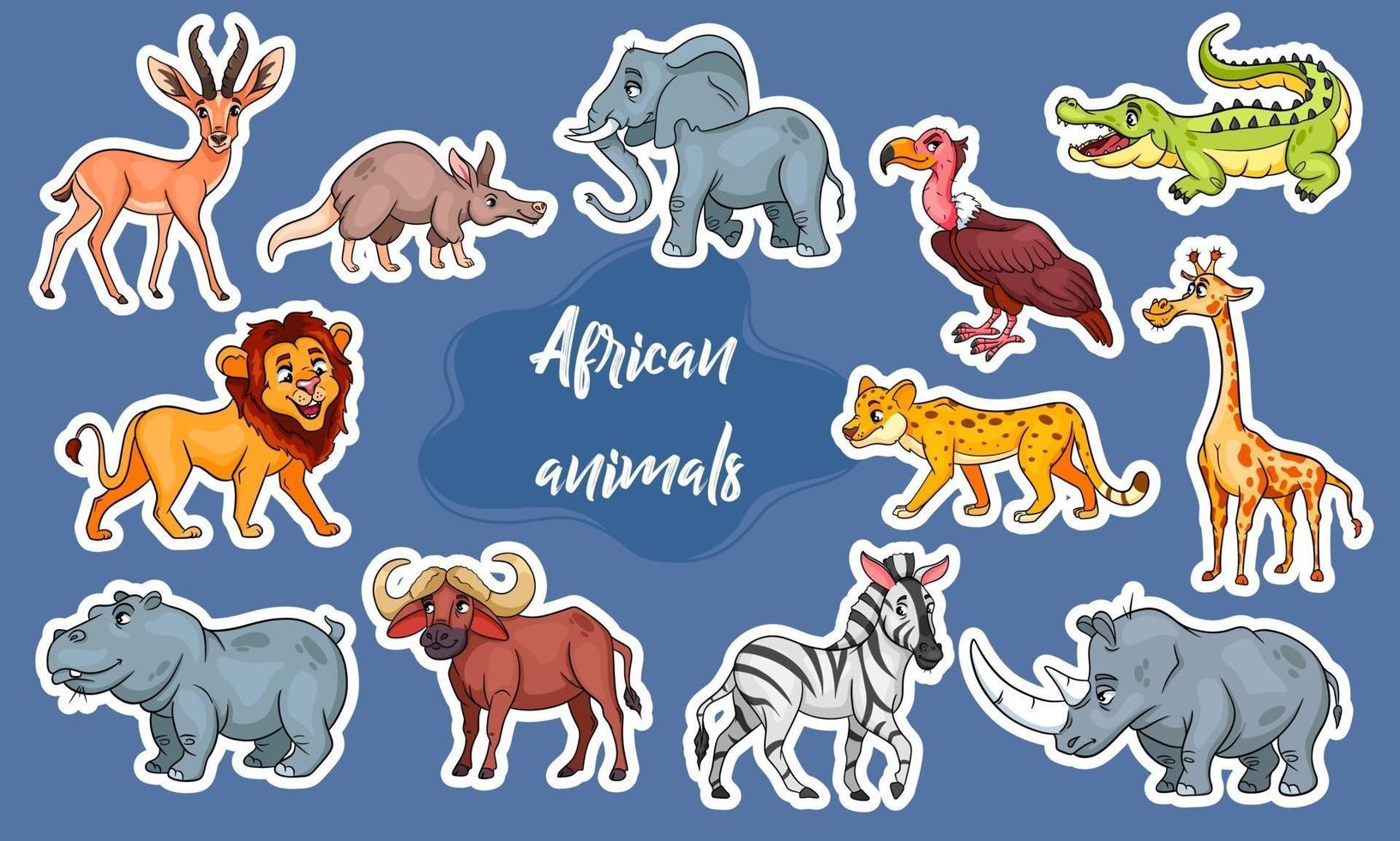 Large set of African animals. Funny animal characters in cartoon style Stickers. vector