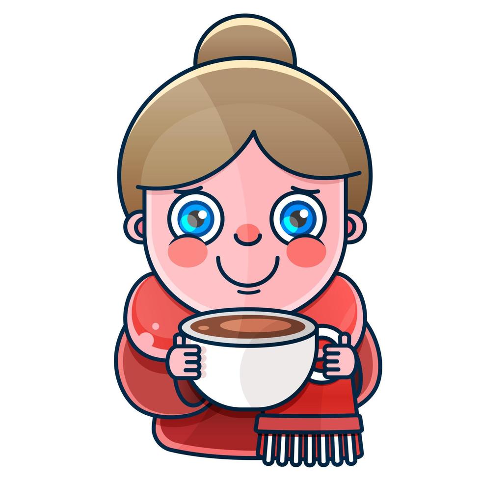 Beautiful girl drinking hot coffee or tea. Vector