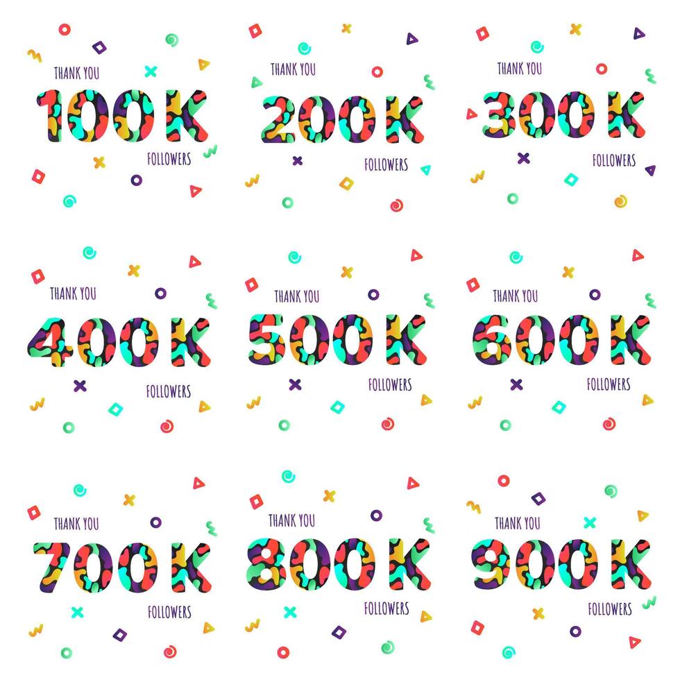 Thank you 100-900k followers numbers postcard set. Template for internet media and social network. vector