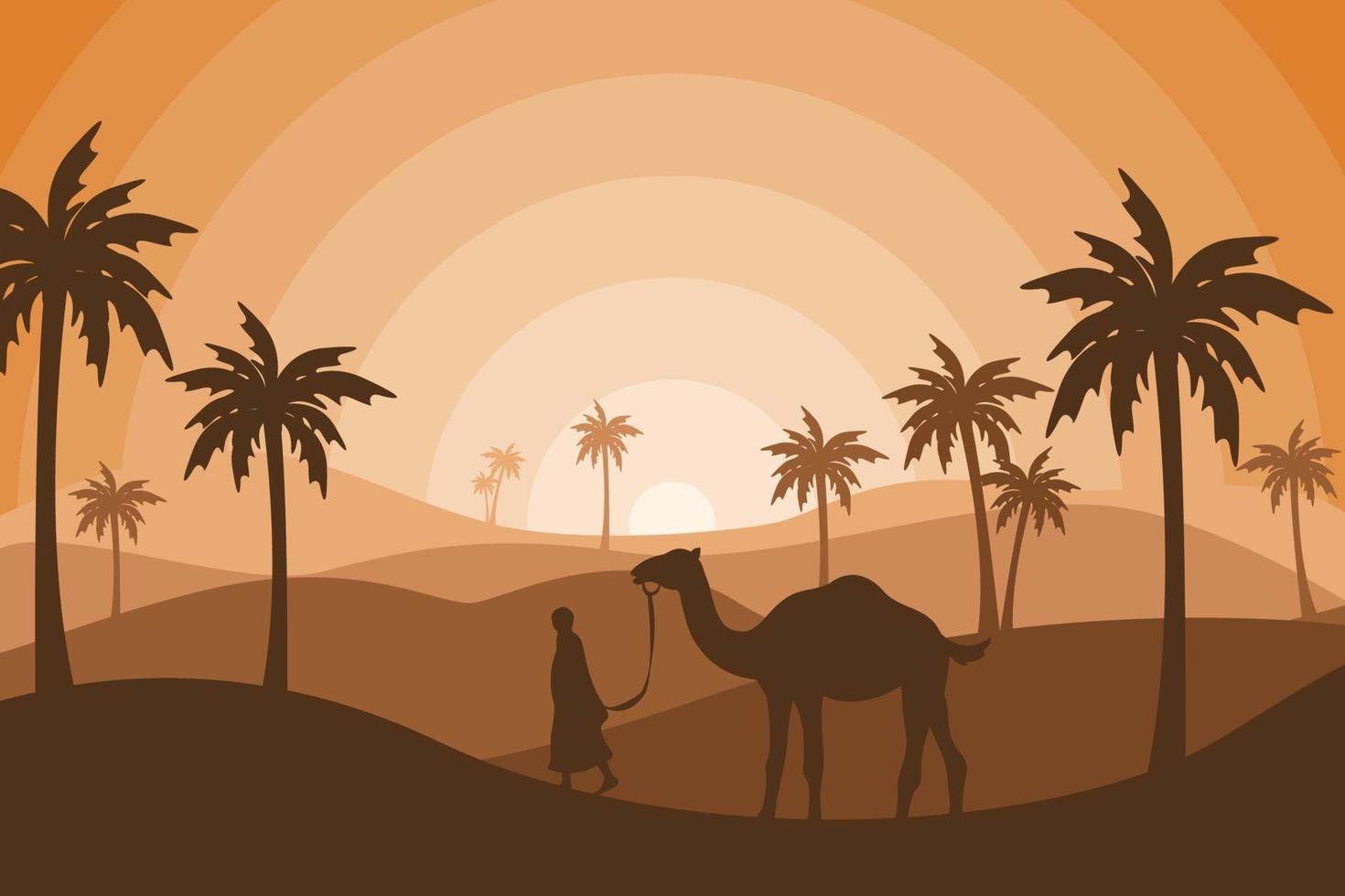 camel and people silhouette background wallpaper, islamic flat style illustration, eid al adha holiday, beautiful sunlight landscape, palm tree, sand desert, vector graphic