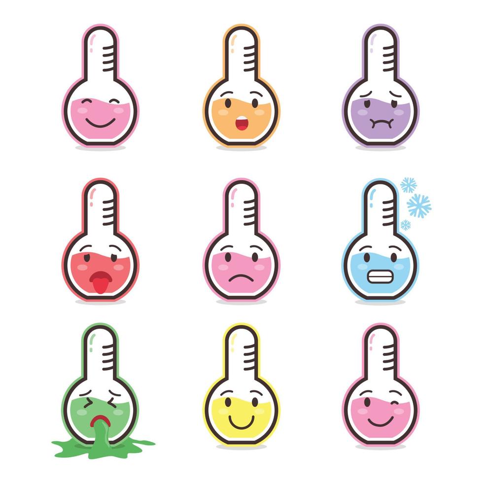 cute character chemistry glassware tube, with various kinds of expressions, set collection flat illustration design vector