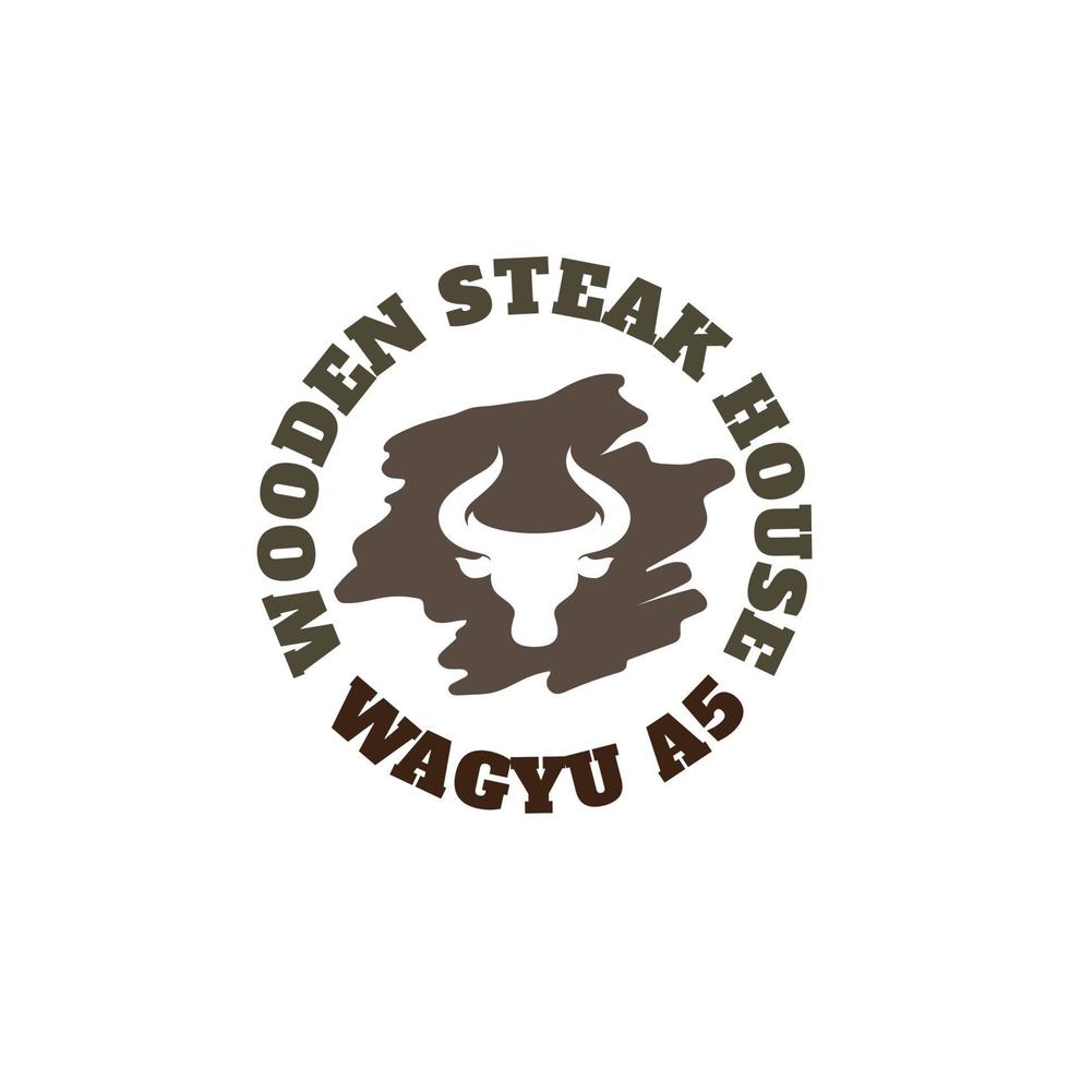 Wooden Steak House Wagyu Cow Head Logo Concept Vector Illustration