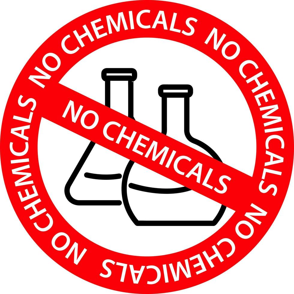 Vector no chemicals icon and grunge round stamp seal with No Chemicals caption. Flat no chemicals icon is isolated on a white background. No Chemicals stamp seal uses red color.