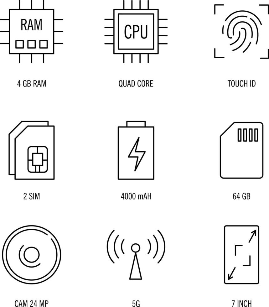 iconos de especificación de smartphone establecidos en fondo blanco, iconos de especificación de smartphone establecidos símbolo moderno y moderno para logotipo, web, aplicación, ui. vector