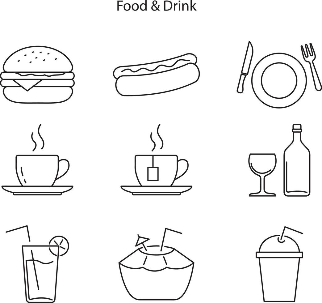 vector illustrations of food icons. Suitable for design elements of food product promotion, nutritional value graphics, and healthy menus. Outlined food and drink icon set.