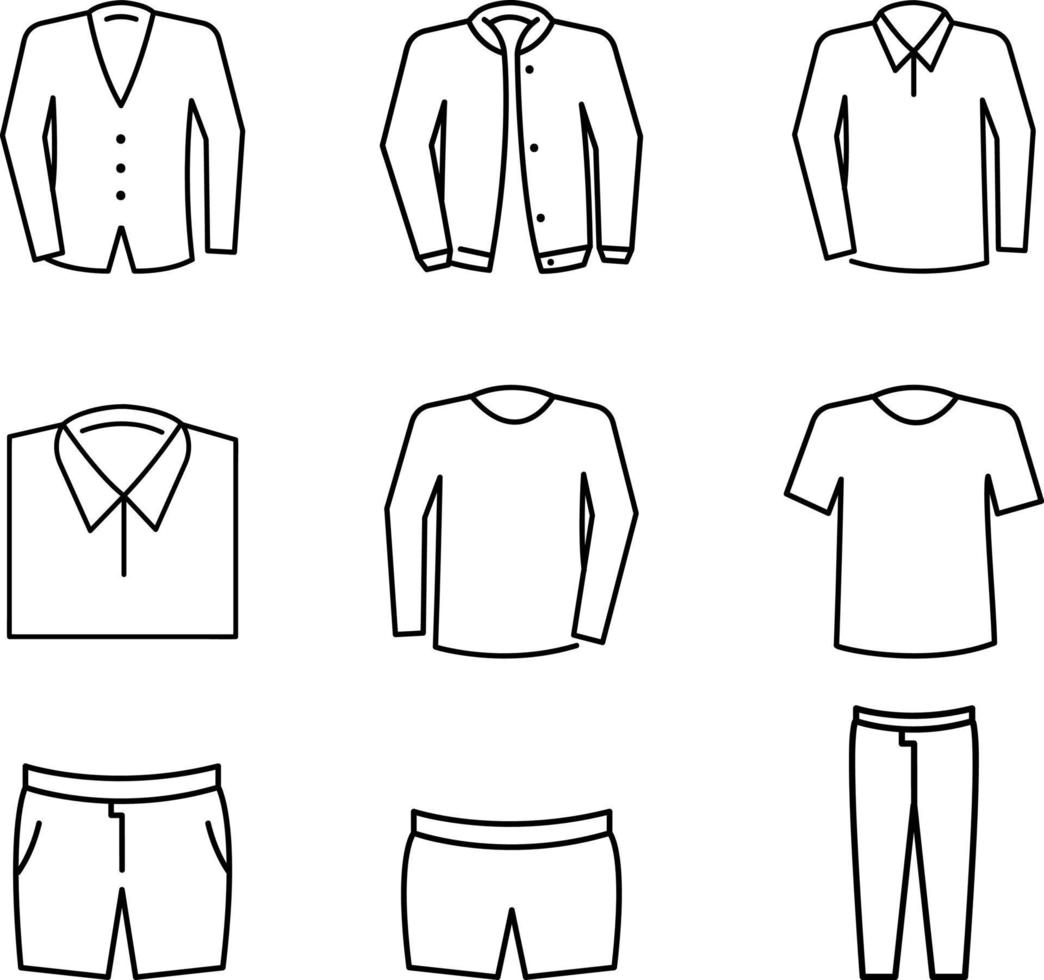 Men clothes flat line vector icons. Simple linear symbols of male basic garments. Main categories for online shop. Outline infographic elements. Contour silhouettes of underwear, shirts.