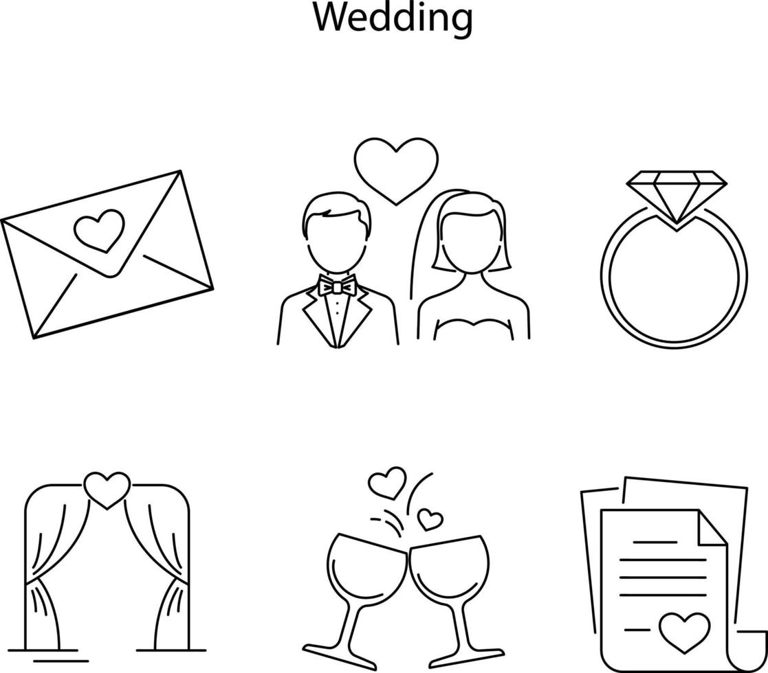 iconos de la línea del día de la boda. conjunto de iconos de línea. novia y novio, anillo de bodas, maleta. concepto de boda. la ilustración vectorial se puede utilizar para temas como el matrimonio, la familia, el amor vector