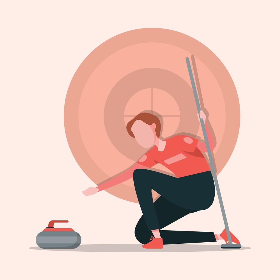 Woman doing on starting position ready to play at the stadium. Curling sports. Vector 