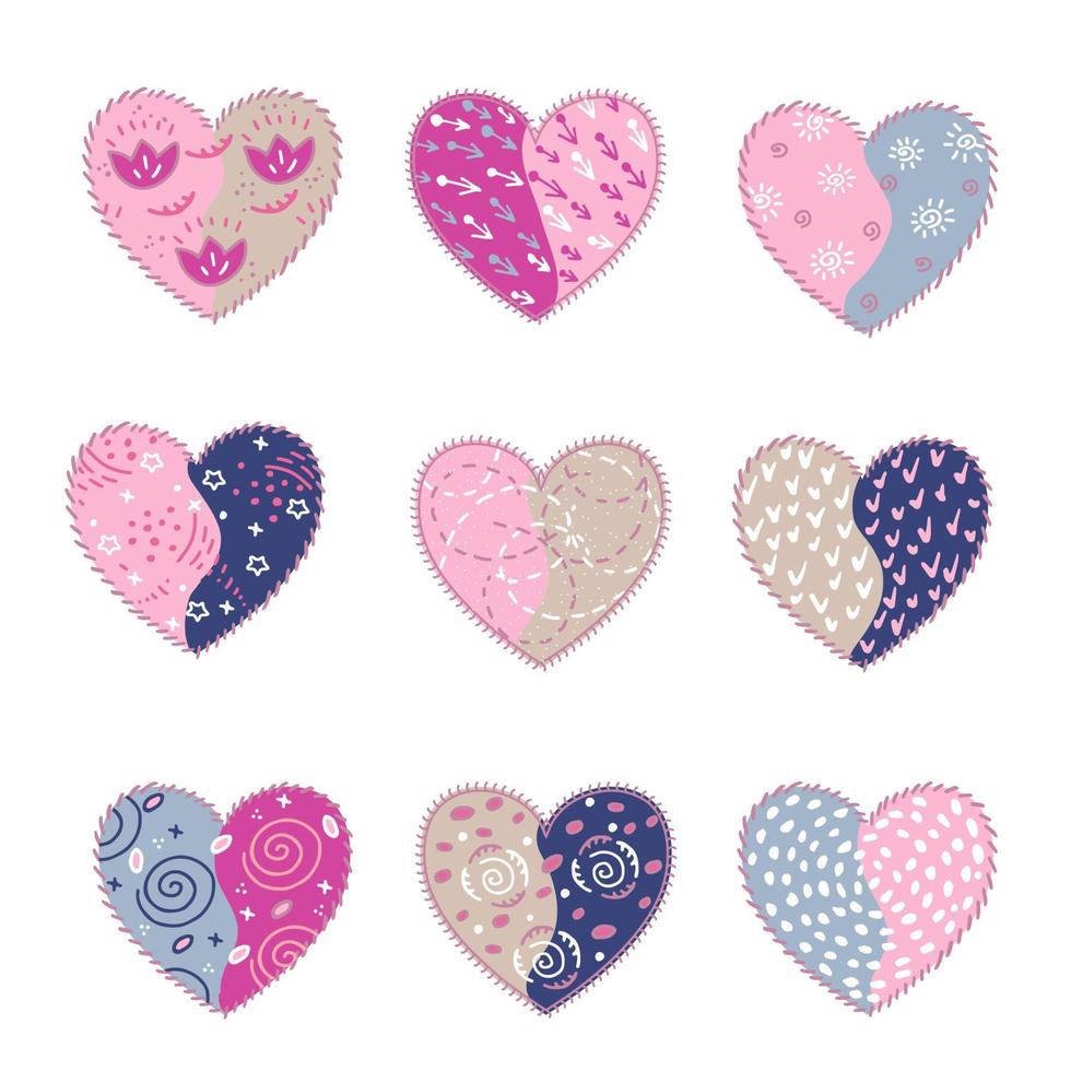 Set of hand-drawn colored hearts decorated with patterns and stitches. Design elements isolated from the background. vector