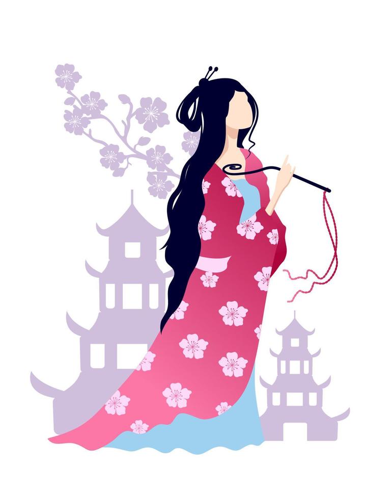 chica asiática en ropa nacional sobre un fondo de una pagoda y flores. vector