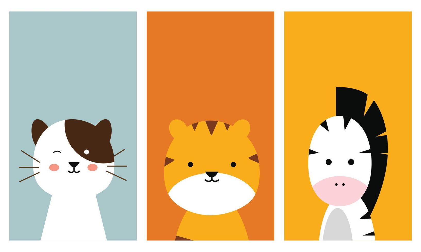 Set of animal illustrations for a smartphone wallpaper and lock screen. Cat, tiger, and zebra. vector