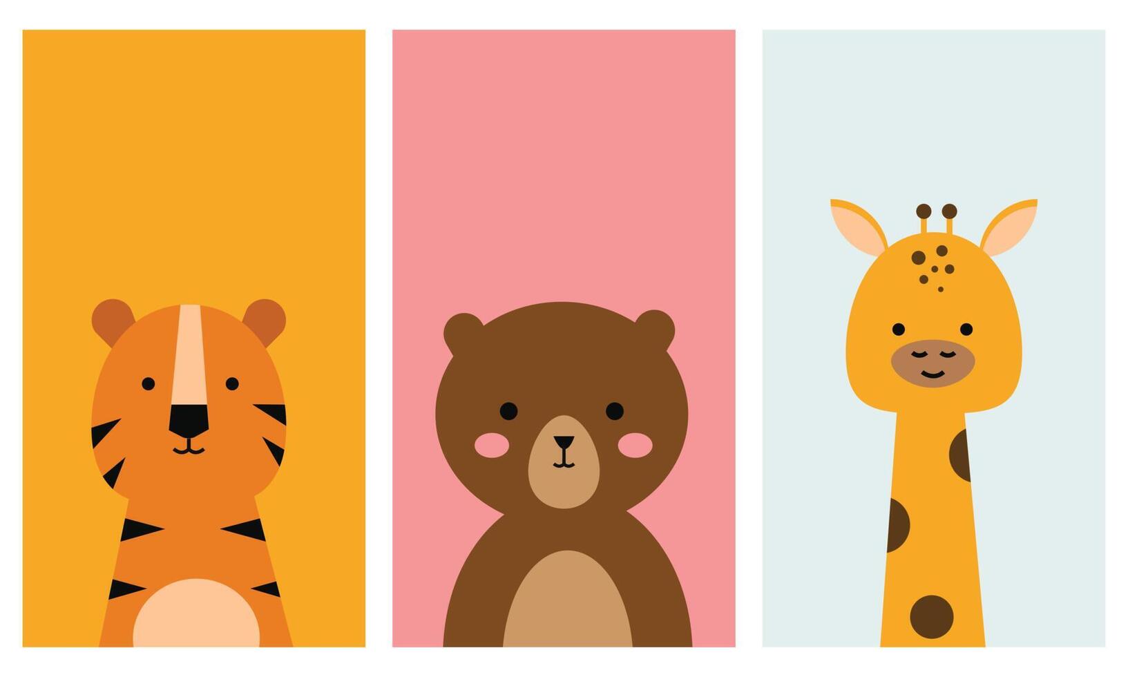 conjunto de ilustraciones de animales para un fondo de pantalla de teléfono inteligente y una pantalla de bloqueo. tigre, oso y jirafa. vector