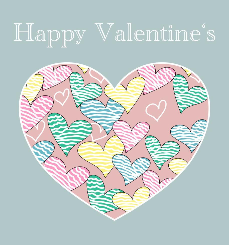 valentine card with freehand hearts in big heart shape on blue grey background with wording happy valentine vector