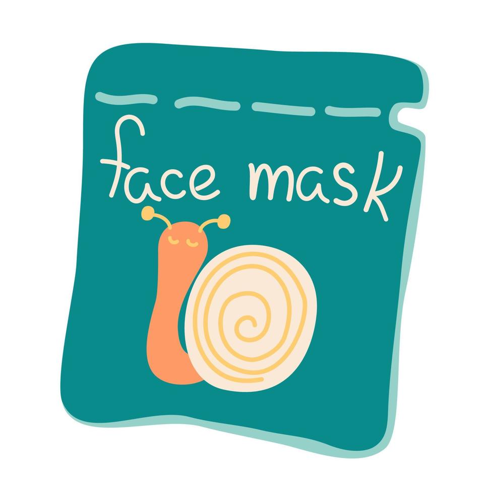 Moisturizing Face Mask. Face mask with snail. Packaging Facial mask surrounded. Cosmetics for face and self care. Hand draw Vector cartoon illustration.