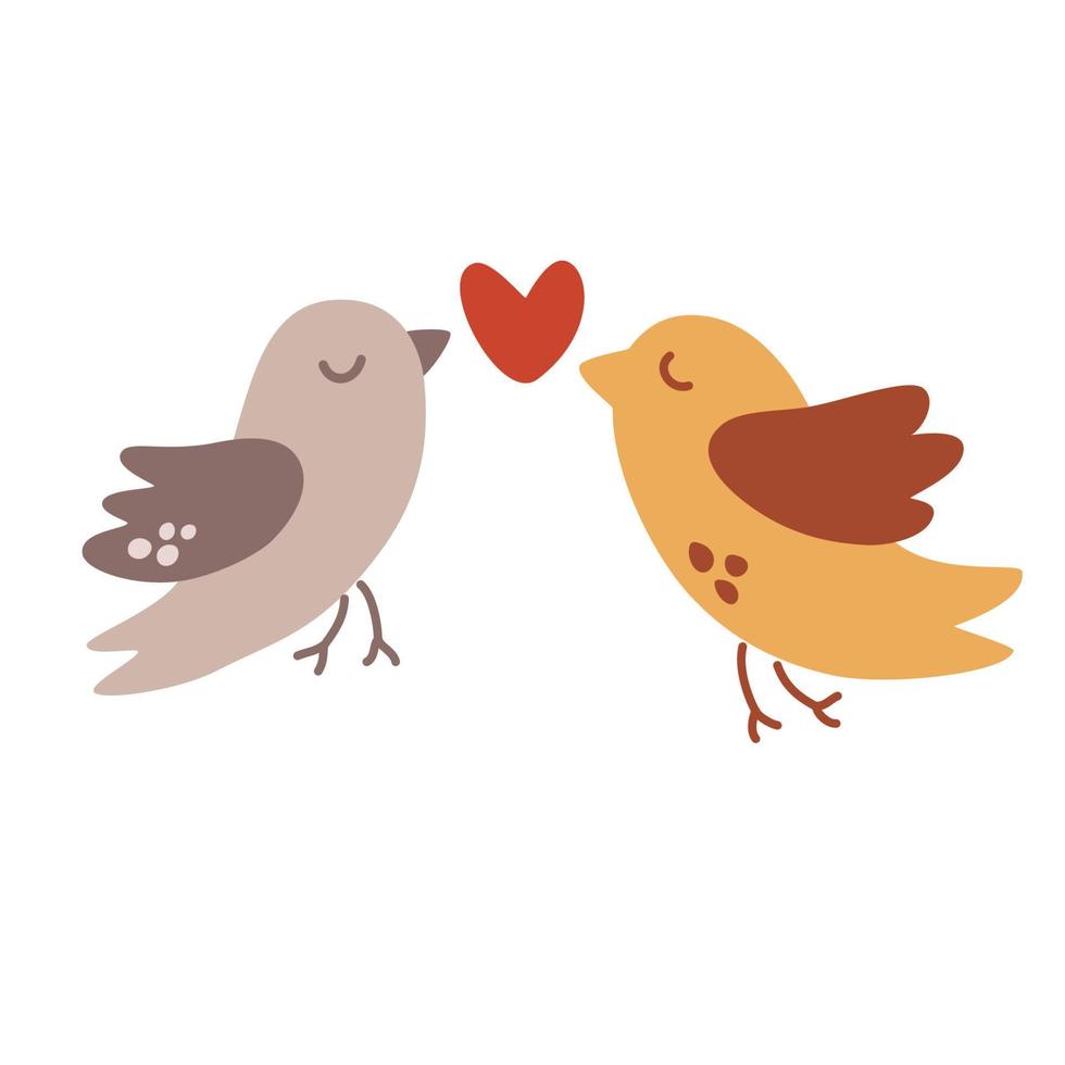 Cute birds with hearts. Lovebirds. For postcards, printing, Valentine's Day, invitations and wedding. Animals Characters. Vector cartoon illustration.