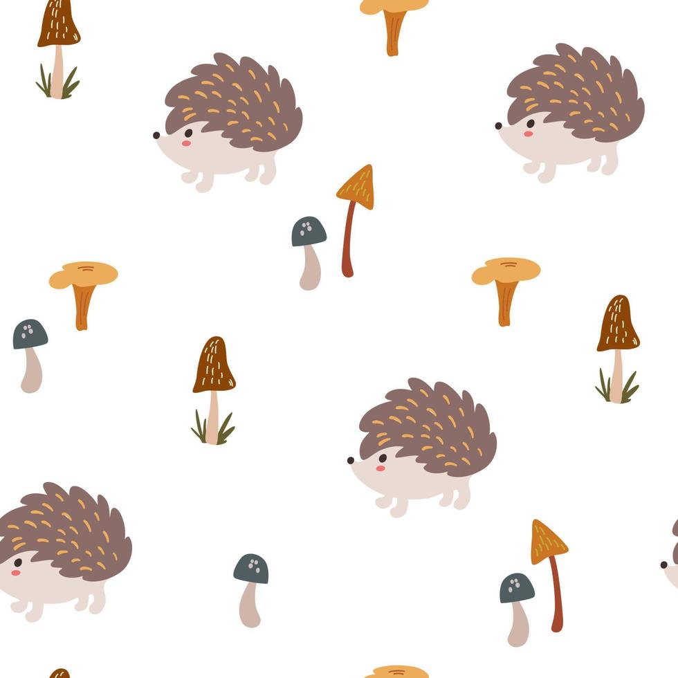 Hedgehog and mushrooms seamless pattern. Forest and harvest. Creative kids forest texture for fabric, wrapping, textile, wallpaper, apparel. Vector illustration