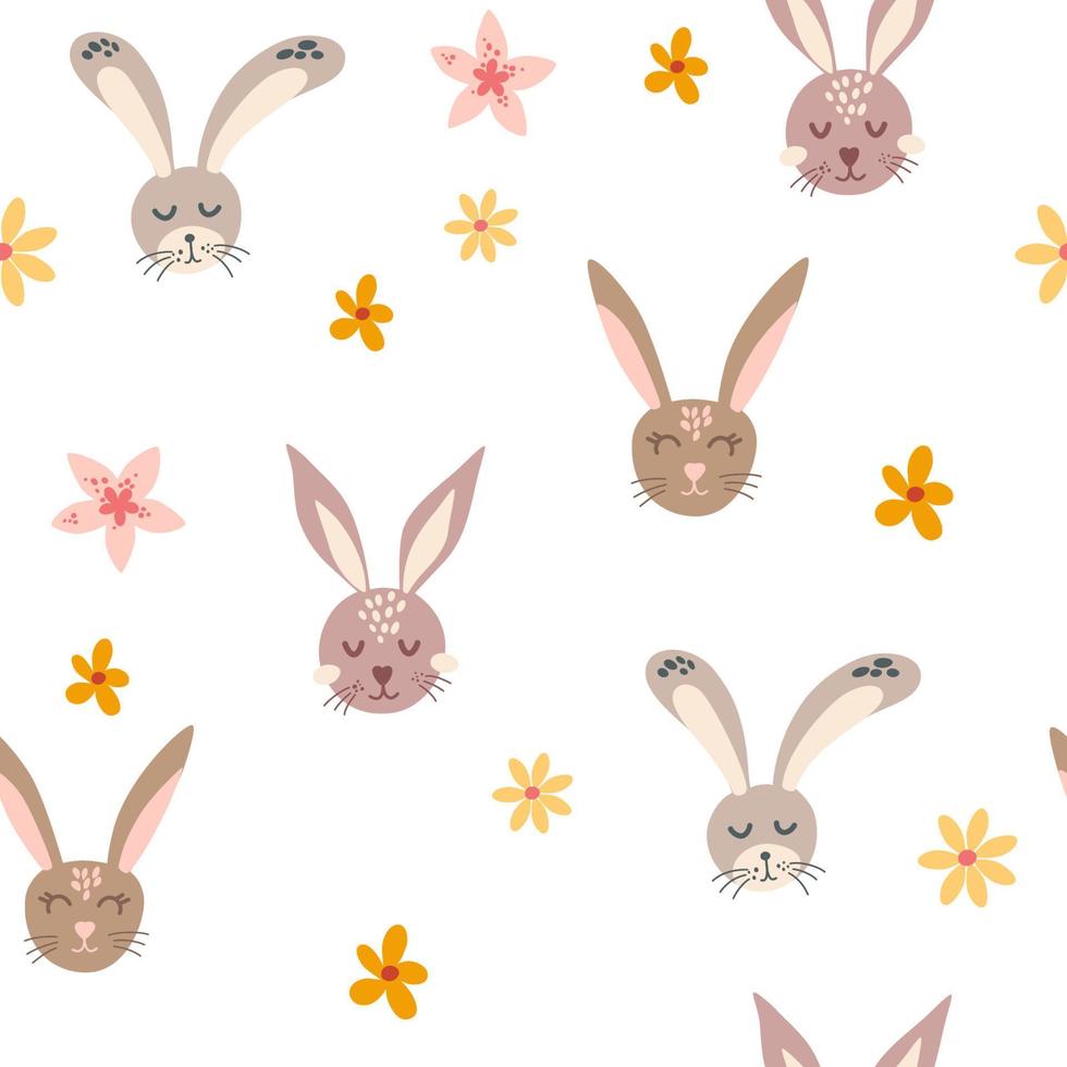 Cute rabbit faces seamless pattern. Bunny with flowers background. Perfect for fabric, textile, paper, wallpaper, wrapping or greeting card. Kids element. Vector cartoon illustration