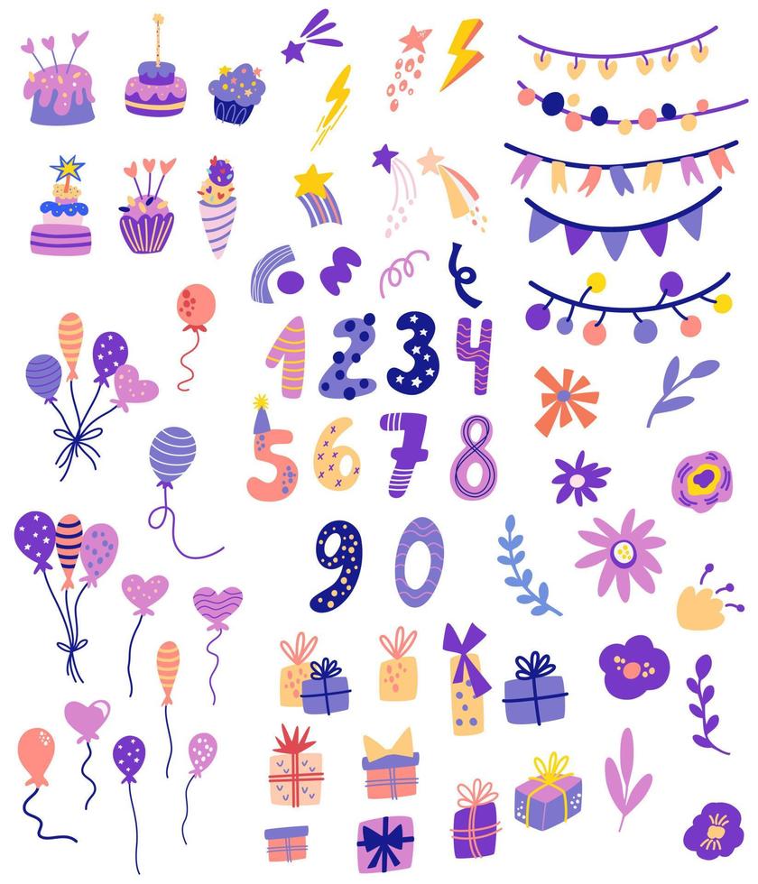 Birthday elements collection. Balloons, cakes, Garlands, Gifts, numbers and flowers. Cartoon Carnival elements. Everything for a holiday, party and birthday. Vector Illustration.