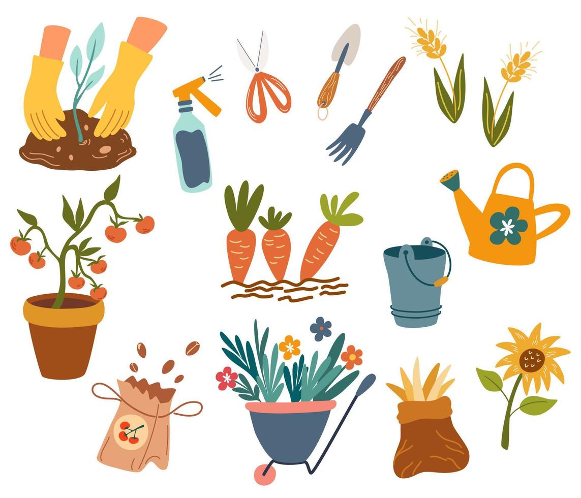 Herramientas de jardinería. colección de elementos de jardín. carro, palas, brotes, semillas, regadera, tijeras. concepto de horticultura. elementos de diseño para impresión, embalaje o pegatinas. ilustración vectorial. vector