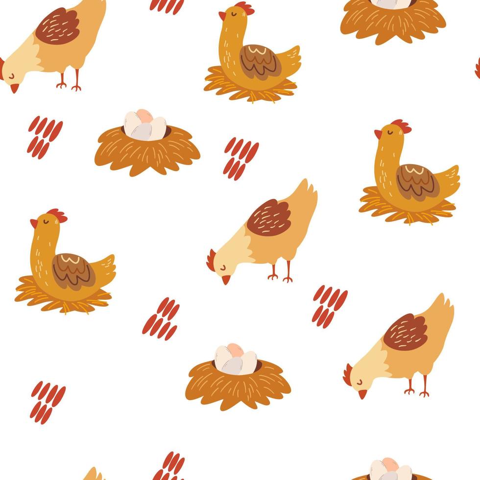 patrón sin costuras de pollo. fondo de aves y huevos. elementos perfectos para el diseño de alimentos o agricultura. ester. ilustración de dibujos animados vectoriales. vector