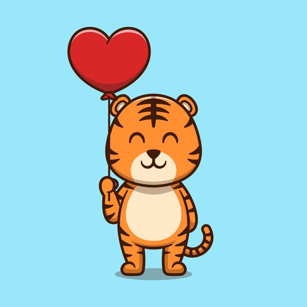 Cute tiger holding love balloon cartoon icon illustration vector