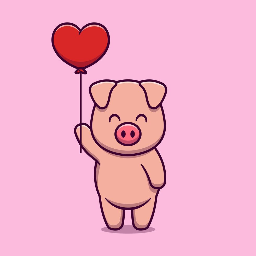 Cute pig holding love balloon cartoon icon illustration vector