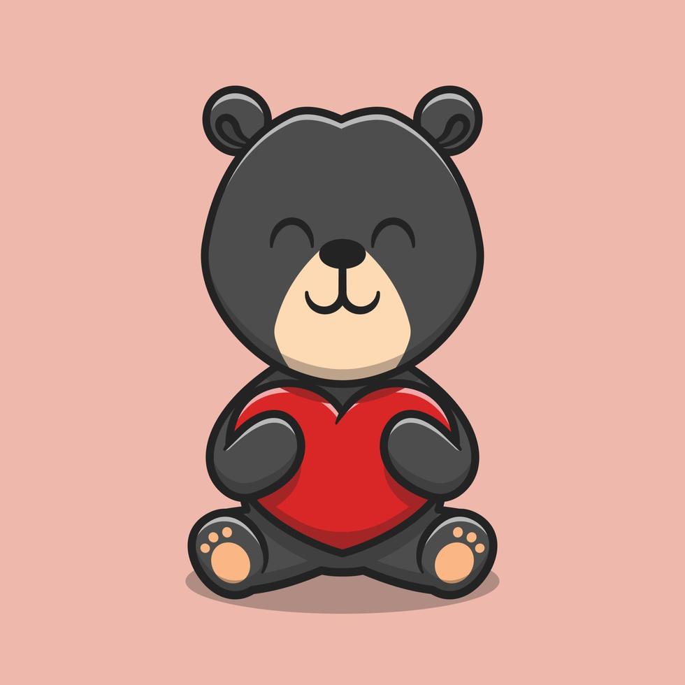 Cute sun bear hugging love heart cartoon icon illustration vector