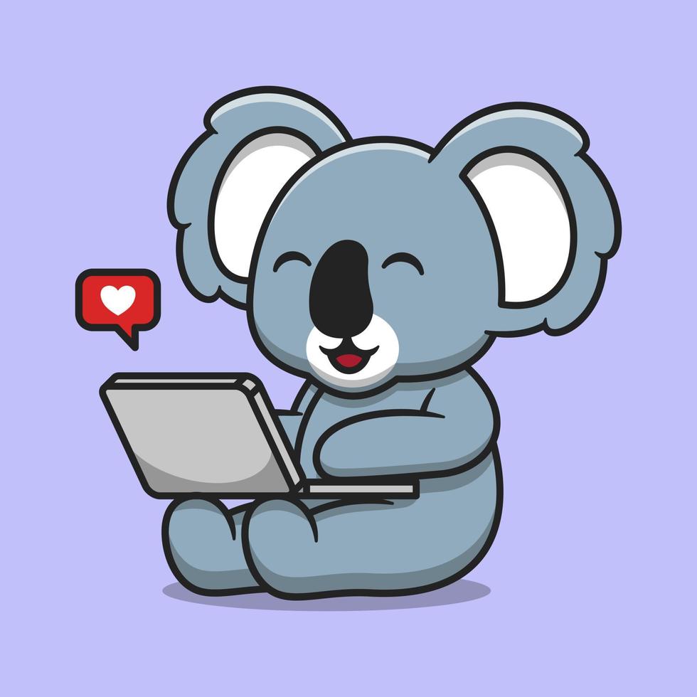 Cute koala working on laptop cartoon vector icon illustration