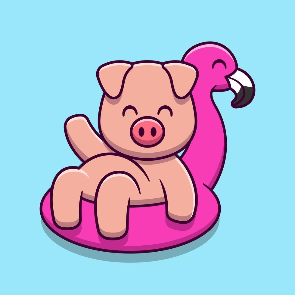 Cute pig wearing inflatable flamingo swimming balloon cartoon icon illustration vector