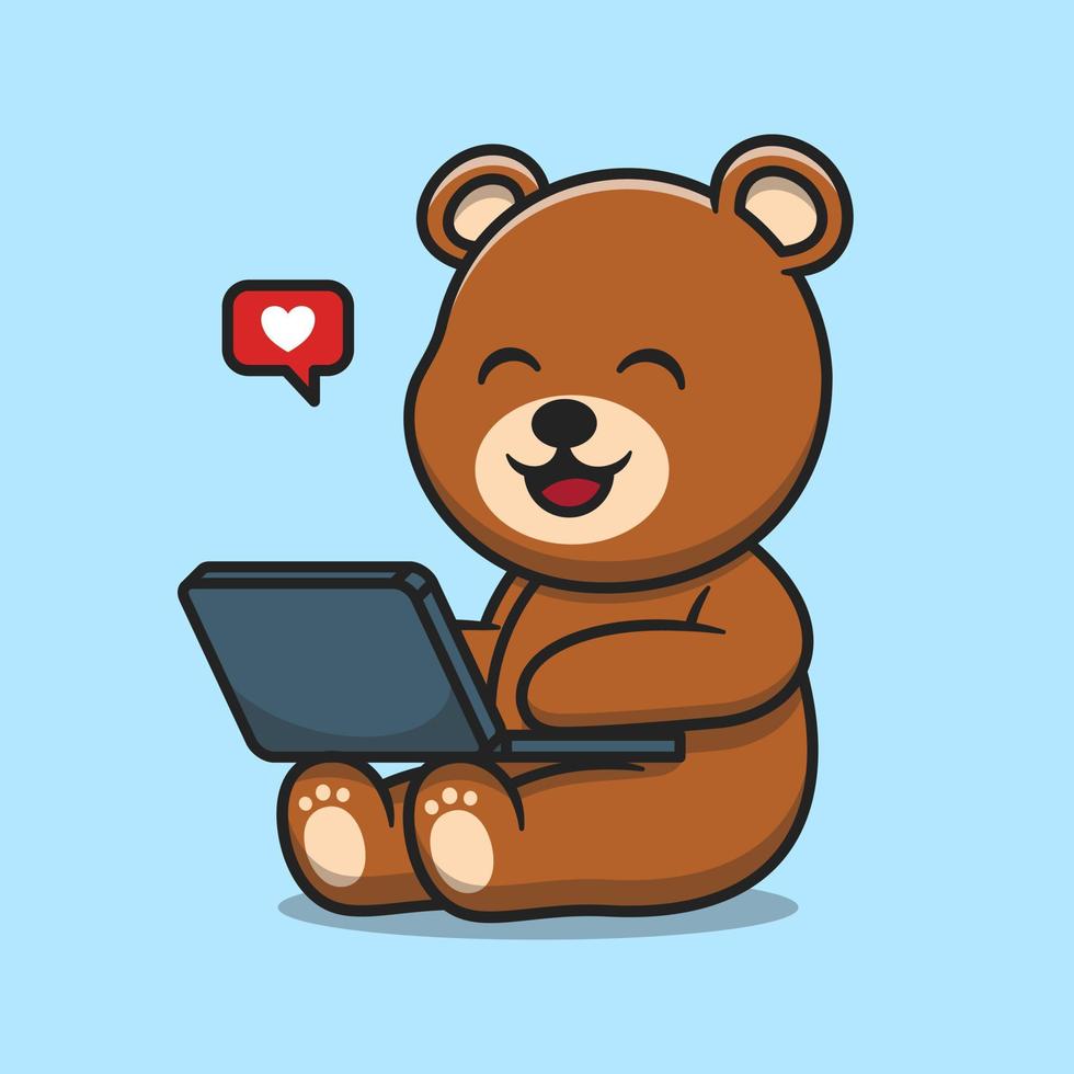 Cute bear working on laptop cartoon vector icon illustration