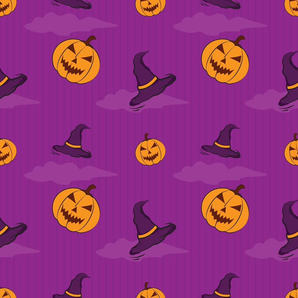 pumpkin character seamless pattern cloud, hat halloween ornament object holiday event purple color background design vector graphic, wrapping paper, decorative beautiful colorful wallpaper