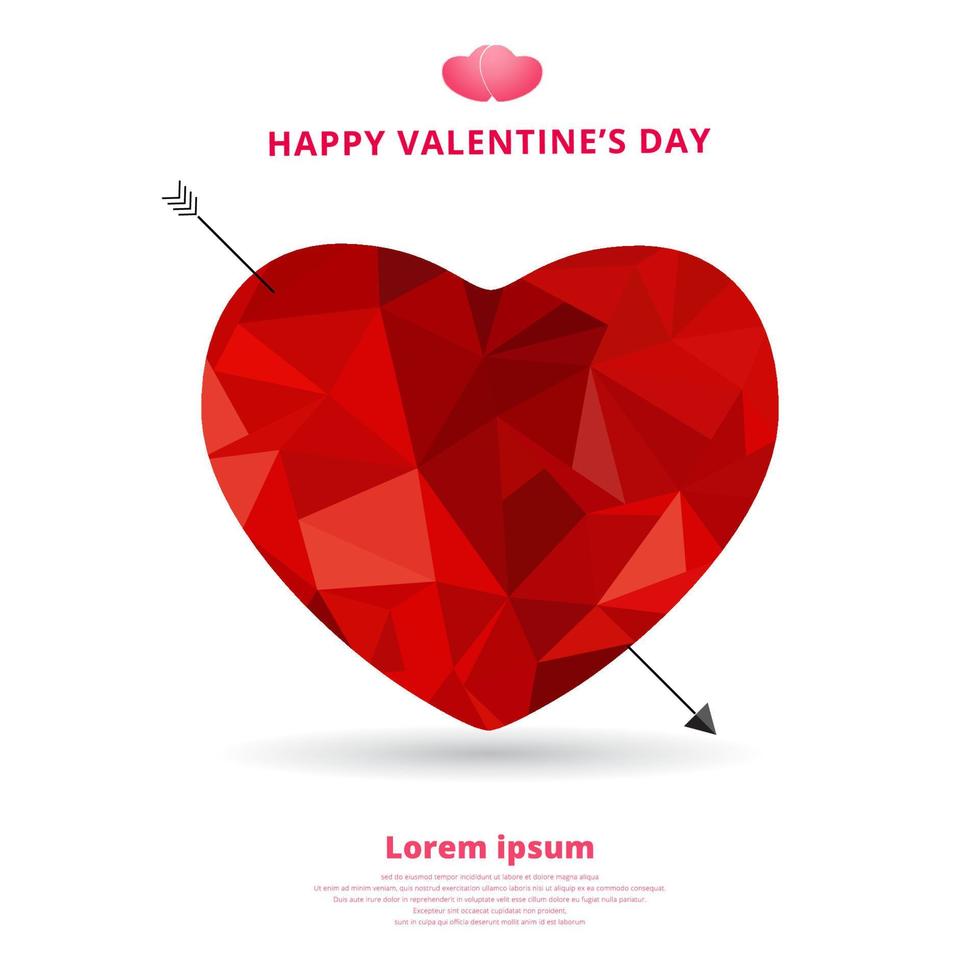 3d origami heart low polygon design with arrow and shadow for valentines day. vector