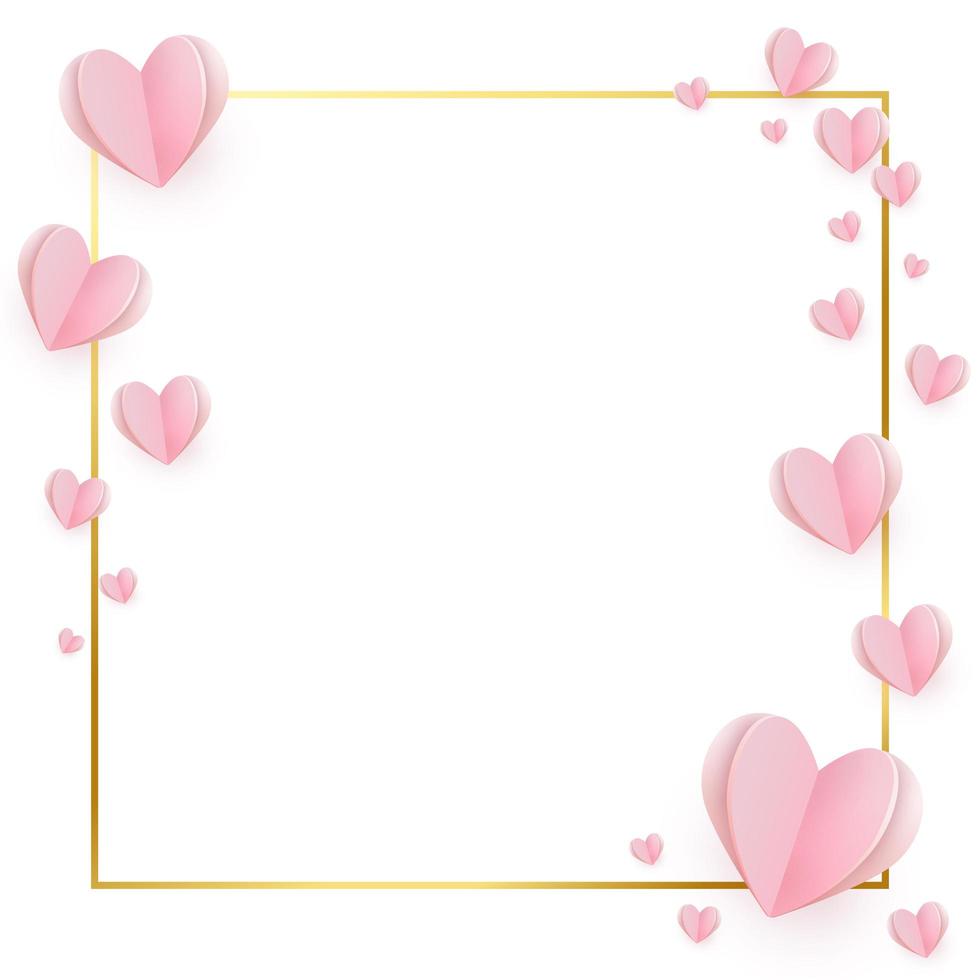 Gently pink-red hearts in a gold frame on a white background vector