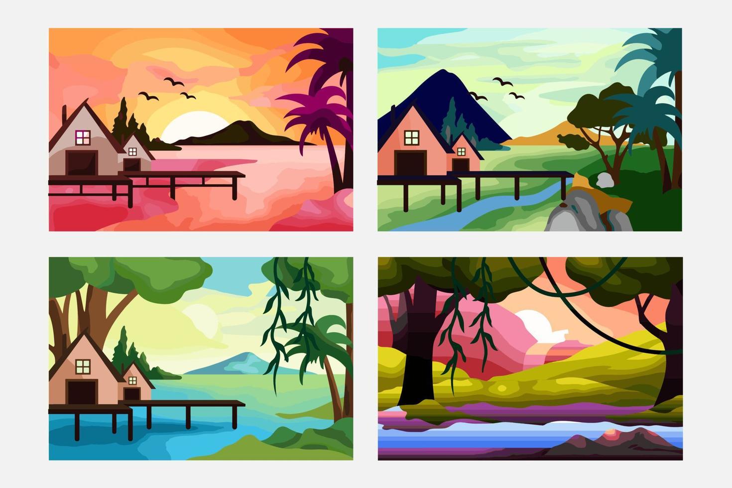 Background panorama set four different scene of nature park and forest vector