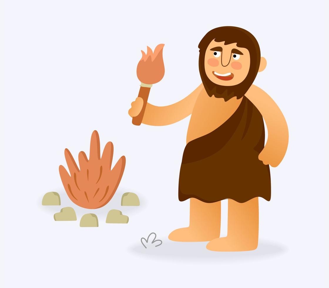 Primitive man with a torch by the fire. The Stone Age. Vector illustration