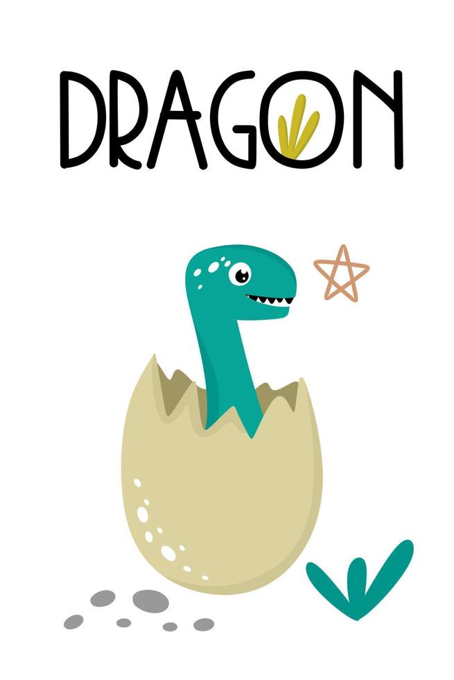 una postal con un dragón con la inscripción dragón en un estilo de dibujos animados dibujados a mano. para carteles, postales, tarjetas. ilustración vectorial vector