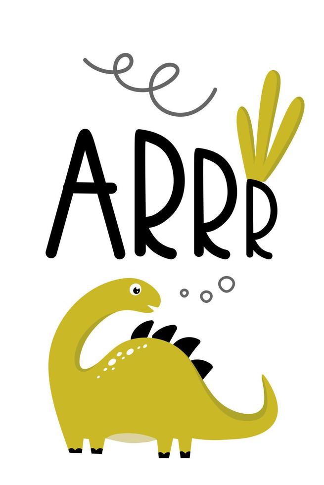 A postcard with a dragon with the inscription growling in a hand-drawn cartoon style. For posters, postcards, cards. Vector illustration