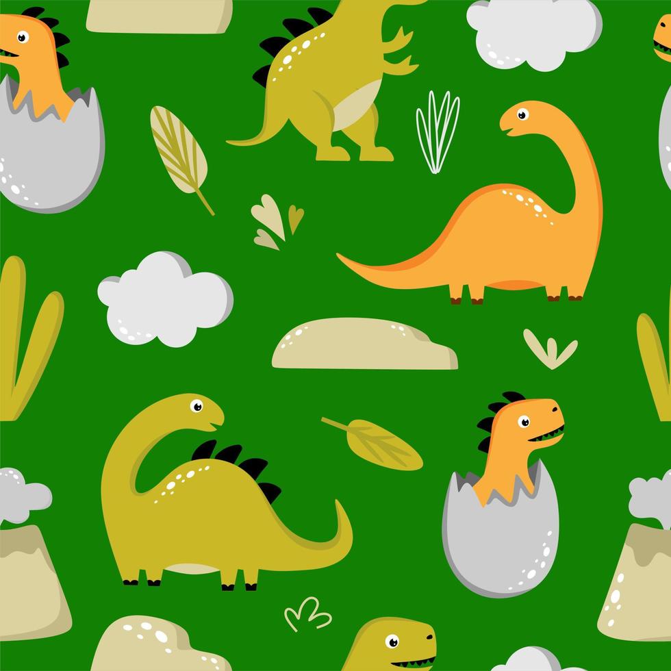 Seamless pattern with funny dinosaurs on a green background. Use for textiles, packaging paper, posters, backgrounds, decoration of children's parties. Vector illustration