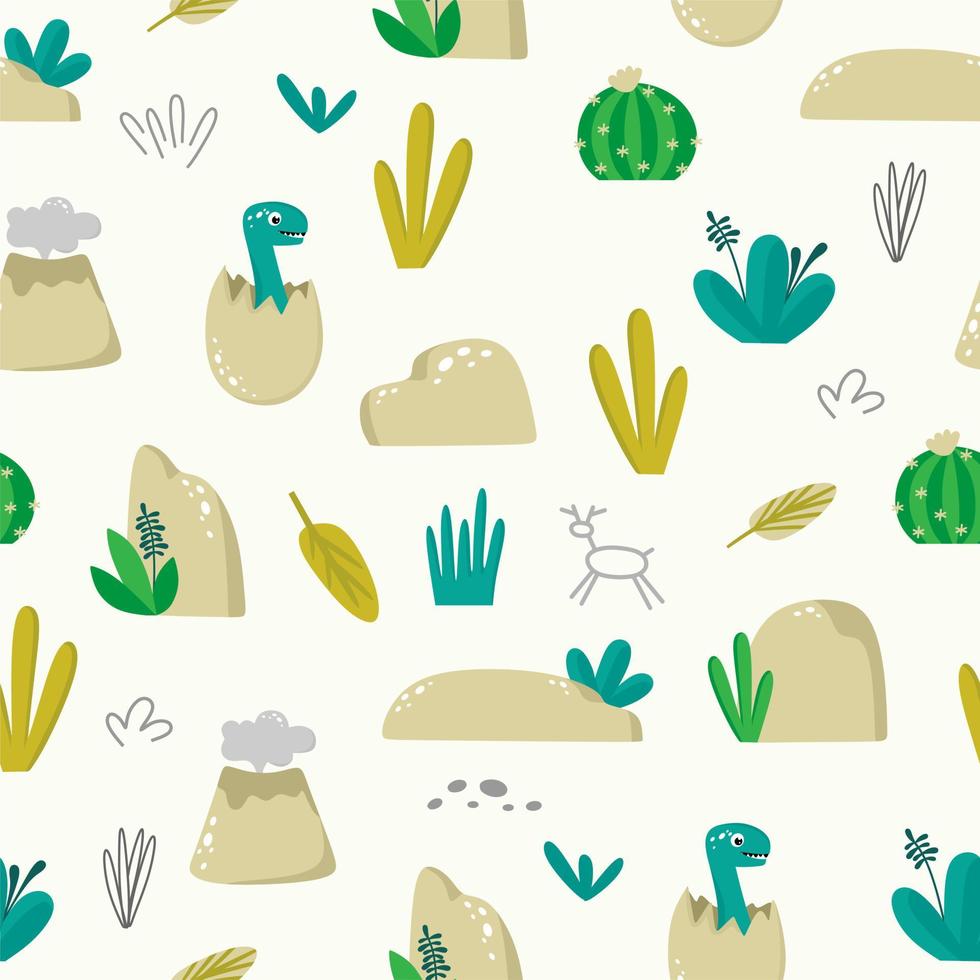 Seamless pattern with funny dinosaurs on a beige background with stones and plants. Use for textiles, packaging paper, posters, backgrounds, decoration of children's parties. Vector illustration