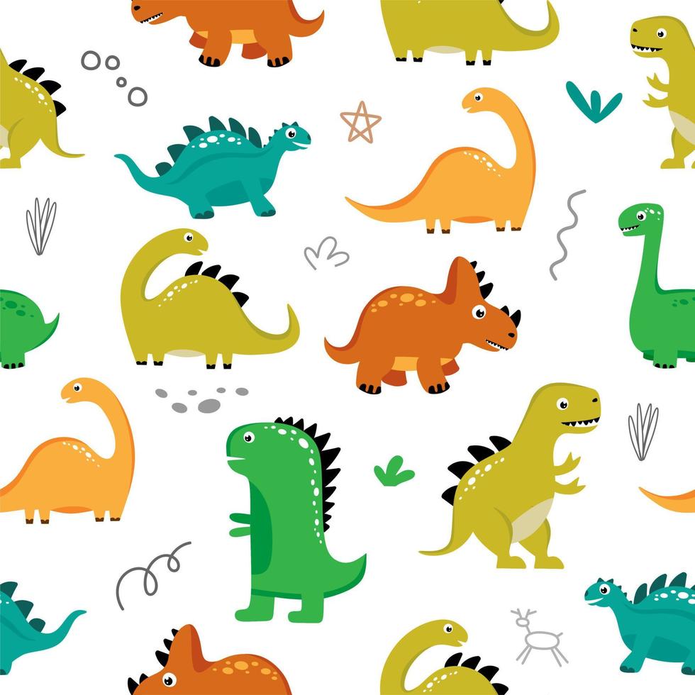 patrón impecable con dinosaurios divertidos sobre un fondo blanco. uso para textiles, papel de embalaje, carteles, fondos, decoración de fiestas infantiles. ilustración vectorial vector