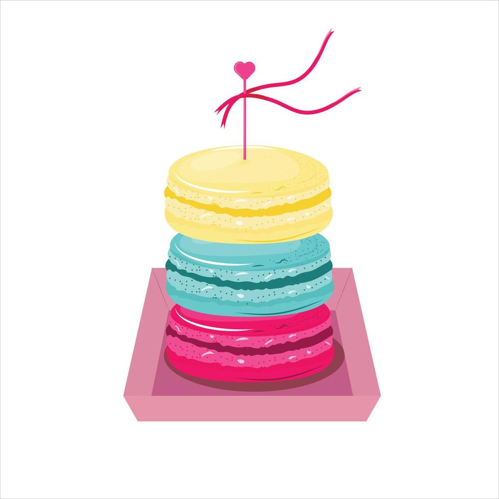 Macarons in different colours. Package with sweet macarons. Illustration with dessert. For cards, menu, advertisements, banner. vector