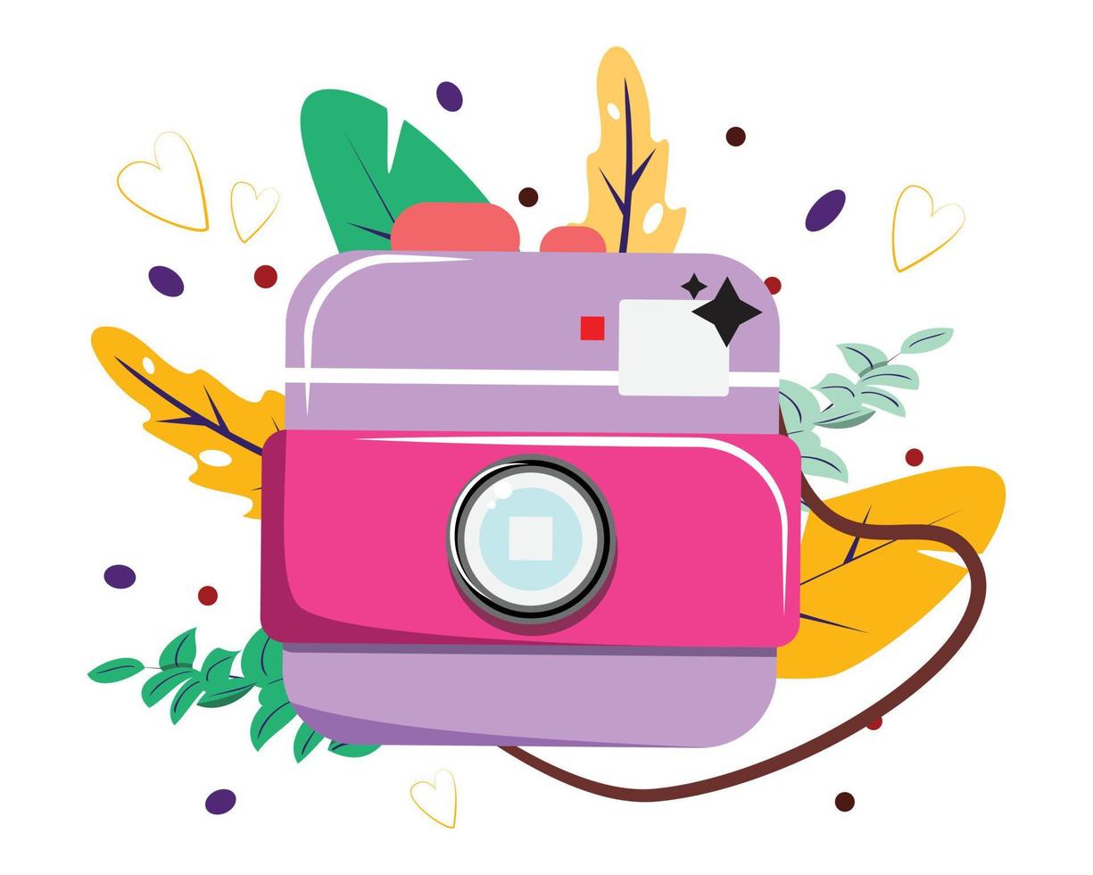 Camera isolated. Purple photo camera on leaves background. For print, cards, banners. vector