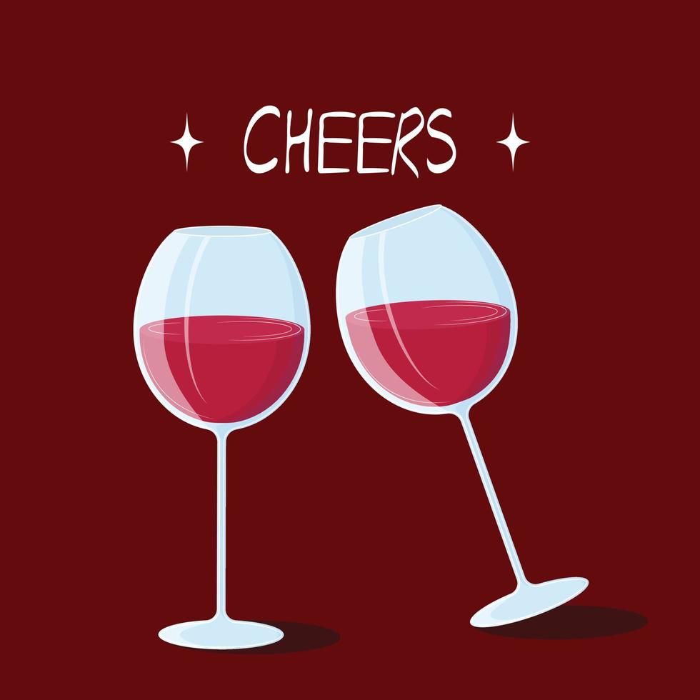 Two glasses of wine on red background. For cards, invitations, advertisements, banners. Wine lovers. Vector illustration.